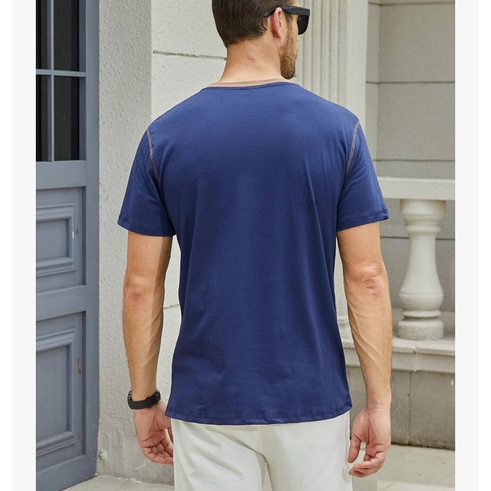 Mens Henley Shirt Short Sleeve Slim Fit Contrast Button Placket Black Medium - Picture 3 of 5